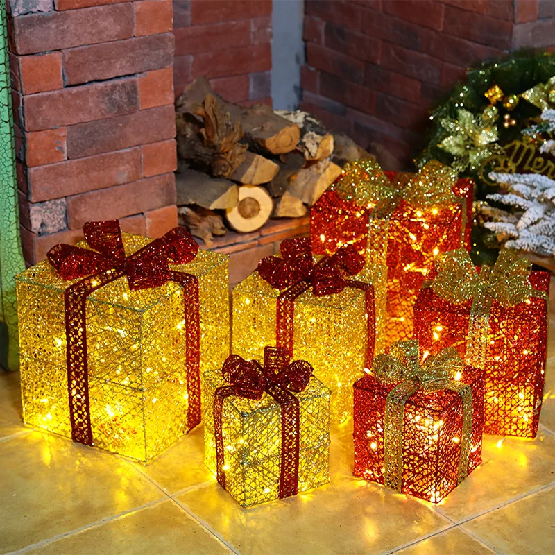 Christmas Gift Lamp Three-piece Set with Battery Box Holiday Light String Warm White Chrismas LED Wrought Iron Decor Scen