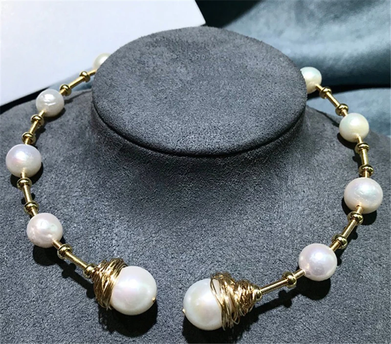 HABITOO Luxury Golden Thread Cross White Baroque Cultured Pearl Necklace Adjustable Choker Jewelry Women Fashion Party Wedding