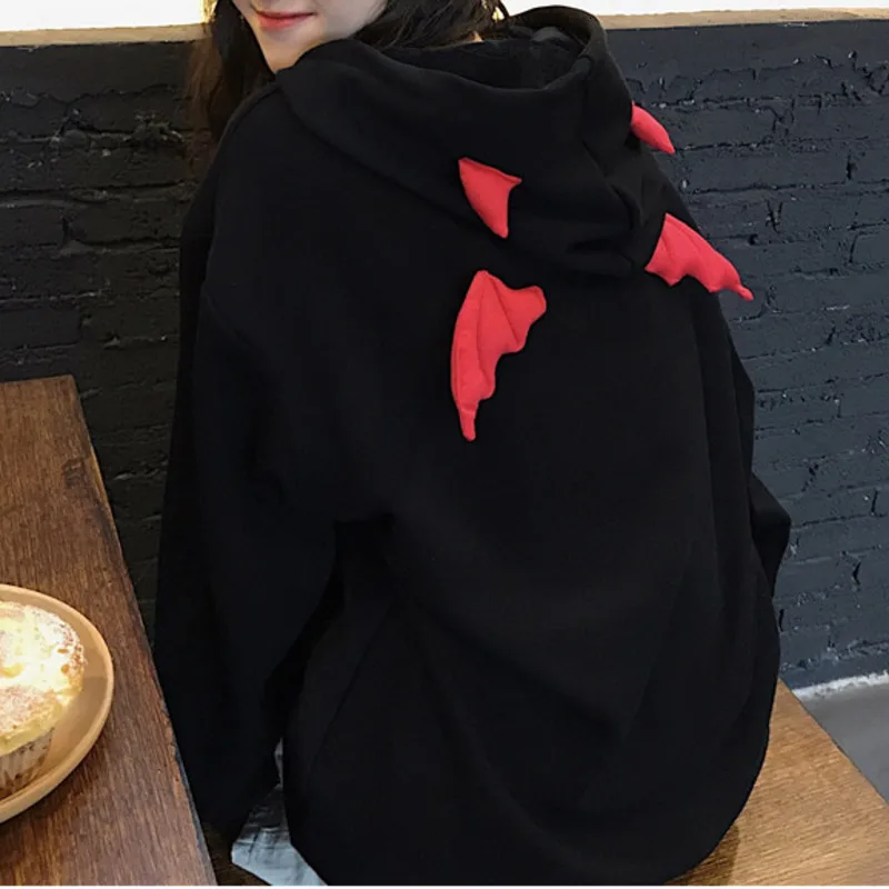 Harajuku Hoodies Girl Little Devil Horns Gothic Hooded Sweatshirts Women Demon Fly Wings Loose Pullovers Pocket Tops Streetwear