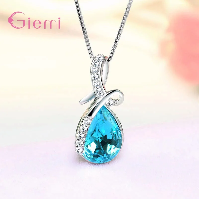 925 Sterling Silver Water Drop Pendant Necklace Quartz Crystal Charm Necklace For Women Fashion Jewelry Gifts