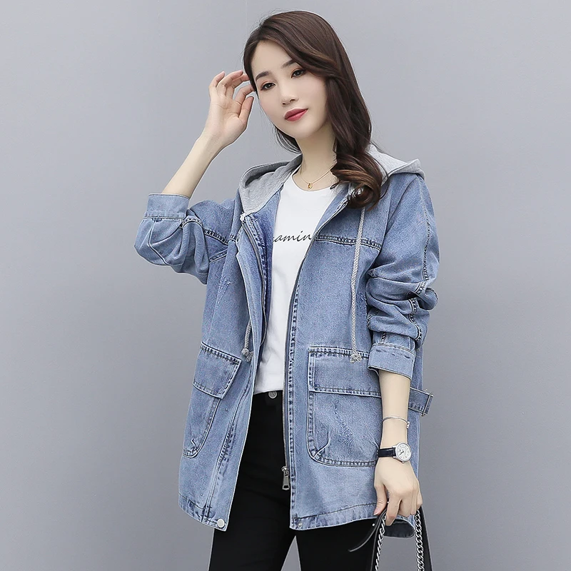 

Vintage Jeans Jacket Womens Clothes Denim Coat Loose Hooded BF Denim Jackets Female Oversized Long Sleeve Jeans Women Jacket