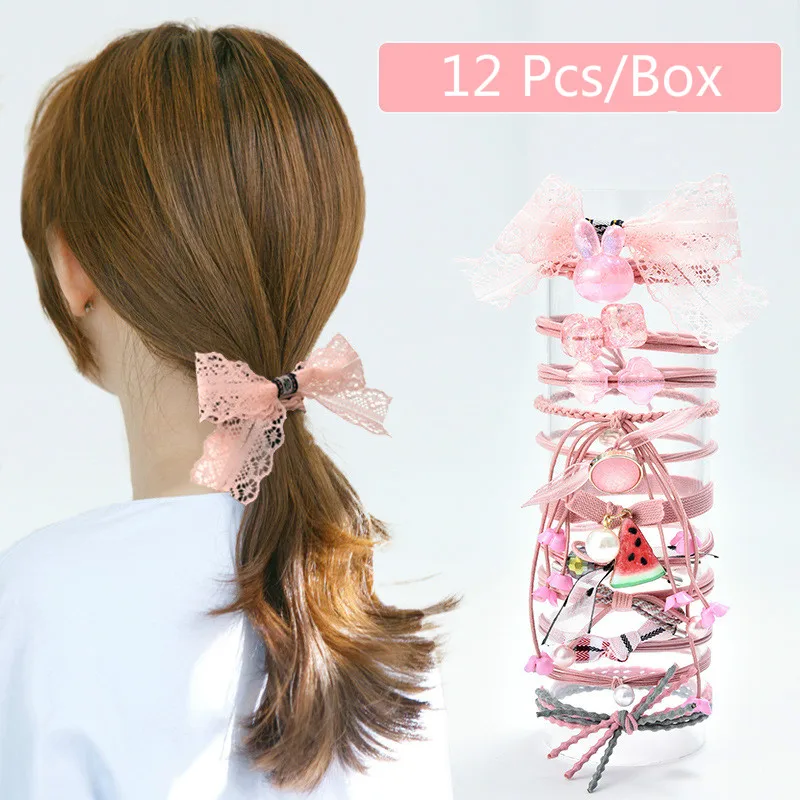 1 Box New Women Girls Sweet Knot Pearl Bow Elastic Hair Bands Ponytail Holder Rubber Bands Female Fashion Hair Accessories Set