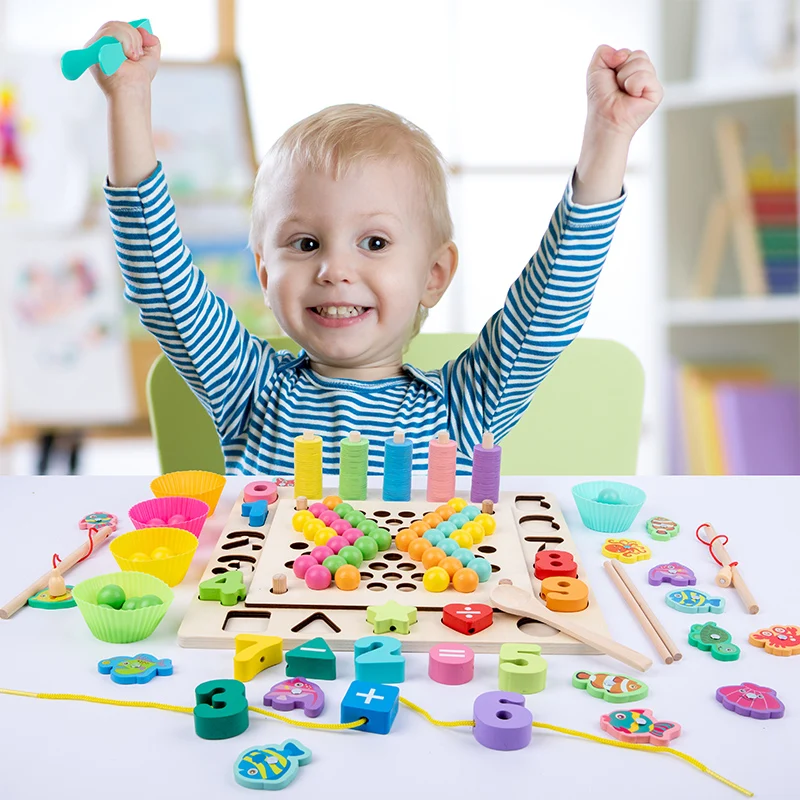 Montessori Wooden Toy Hands Brain Training Clip Beads Puzzle Board Magnetic Fishing Memory Chess Early Educational Toy For Kids