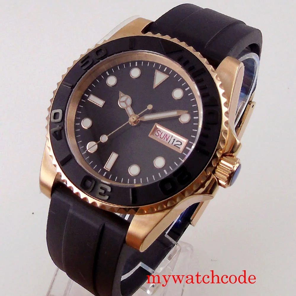 

24 Jewels NH36A Rose Gold Plated Mens Watch Sapphire Glass Week Date Function Unidirectional Bezel Luminous Marks Rubber Strap