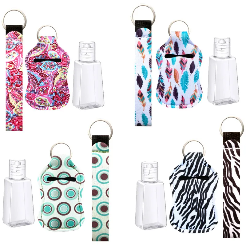 1set Marble Style Neoprene Hand Sanitizer Bottle Holder Keychain Bags 30ML 10*6cm Key Rings Hand Soap Bottle Holder