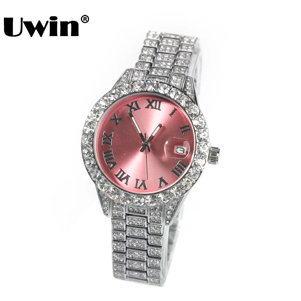 UWIN Round Dial Watch Full Baguettecz CZ Iced Out Pink Dial Quartz Wrist Watches for Women Hip Hop Body Jewelry