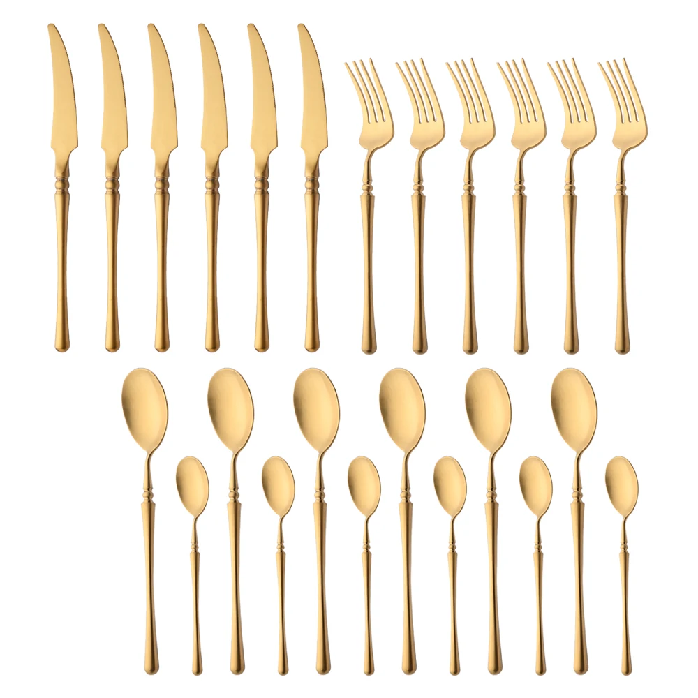 

24Pcs Matte Gold Dinnerware Set 18/10 Stainless Steel Knife Fork Spoon Cutlery Set Kitchen Silverware Flatware Tableware Set