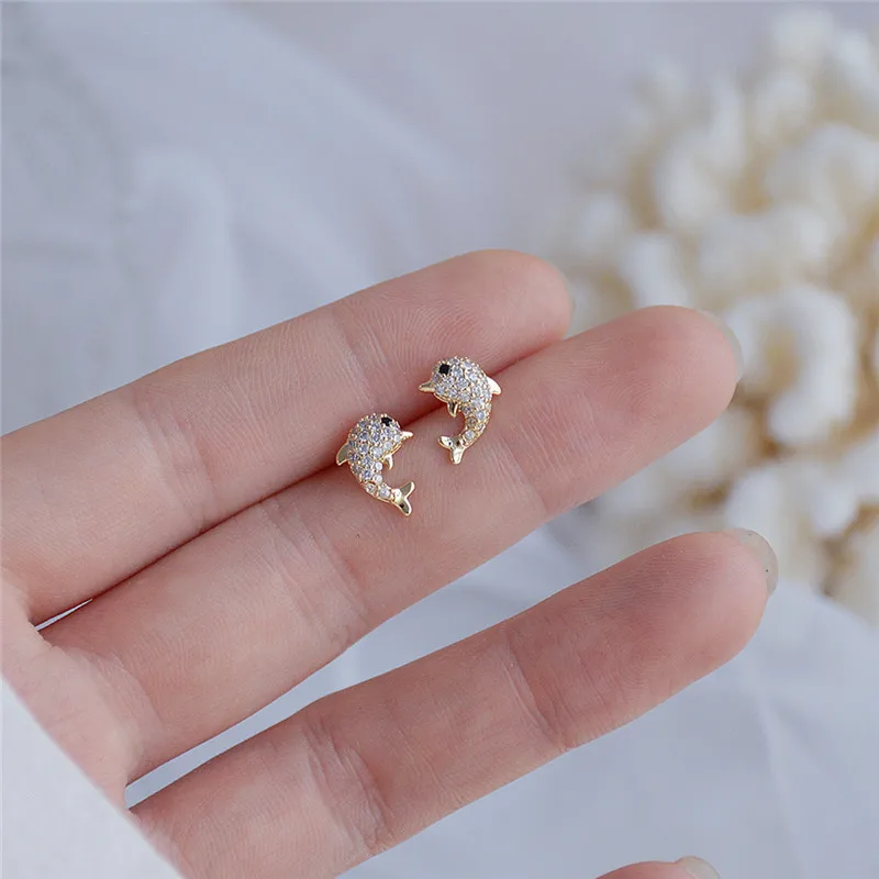 Ins Hot Sale 14K Real Gold Mini Dolphin Stud Earrings for Women Cubic Zircon ZC Earrings