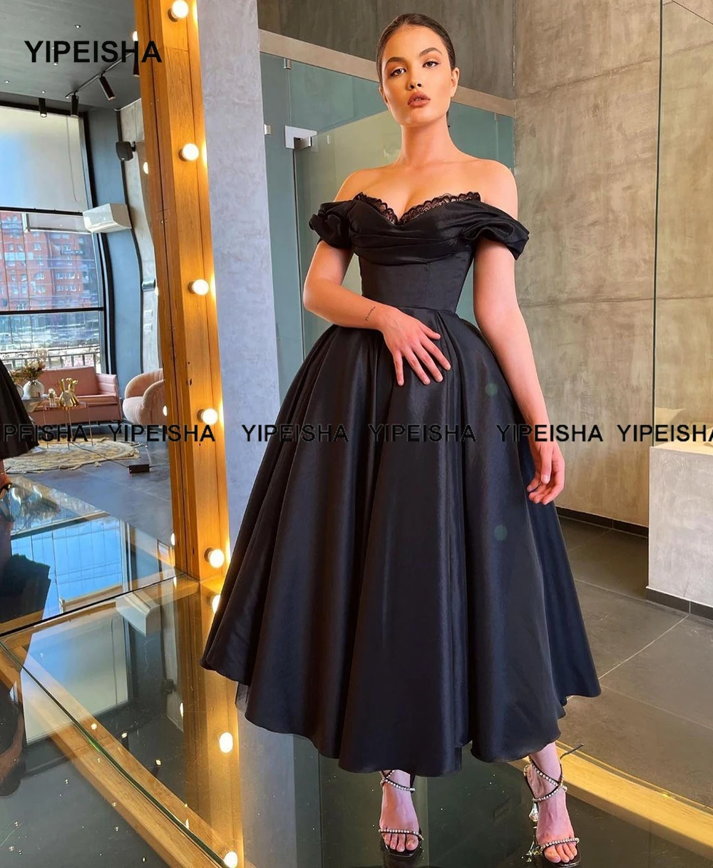 Yipeisha Vintage Đầm Đen Nhỏ Ngoài Vai Trà Chiều Dài Tiệc Cocktail Đầm Một Dòng Taffeta Tiệc Váy Áo Dây De soiree