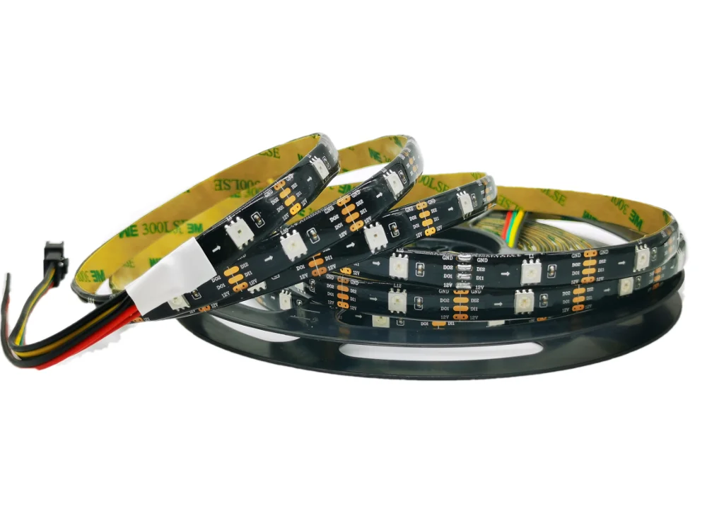 GS8208 RGBIndividual addressable pixel led strip light;DC12V input 30/60/144 pixels/leds/m,IP30/IP65/IP67 Black/White PCB