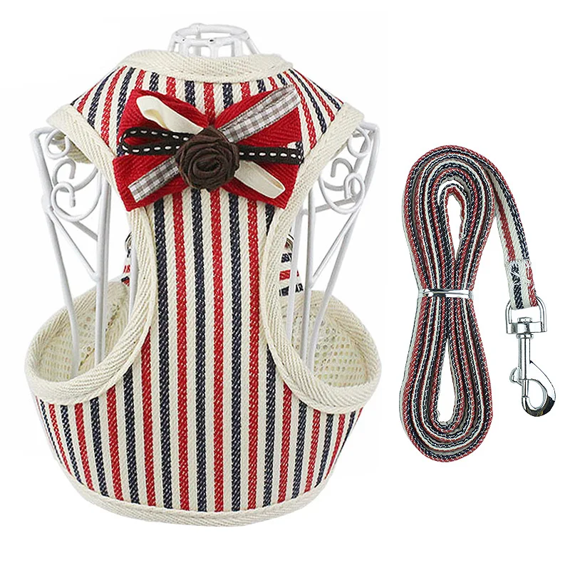 Soft Mesh Pet Puppy Dog Cat Harness Leash Set with Bow-knot Cute Stripe Pet Vest for Small Medium Dogs Chihuahua Yorkie Teddy