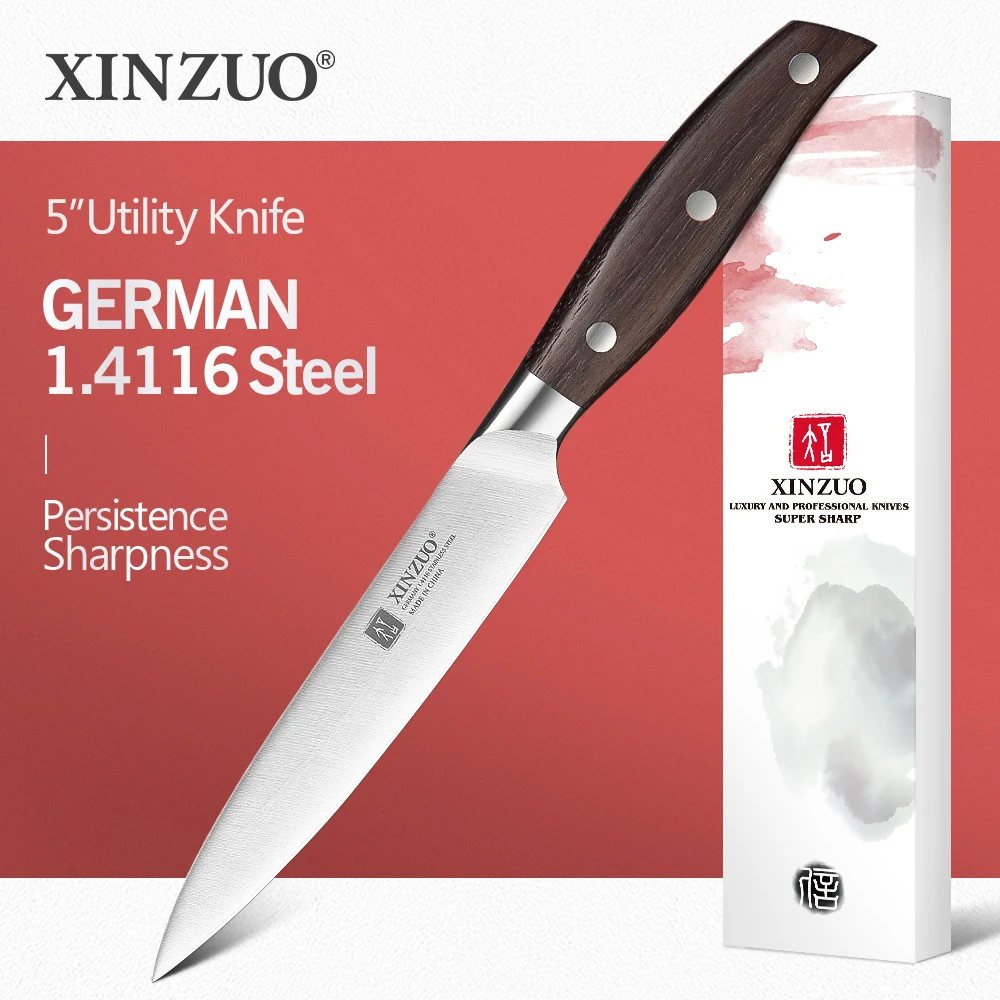 XINZUO 5\'\' Utility Knife GERMAN DIN1.4116 Steel Kitchen Knife Red Sandalwood Handle Peeling Vegetables Cook Knives Kitchen Tools