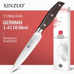 XINZUO 5'' Utility Knife GERMAN DIN1.4116 Steel Kitchen Knife Red Sandalwood Handle Peeling Vegetables Cook Knives Kitchen Tools