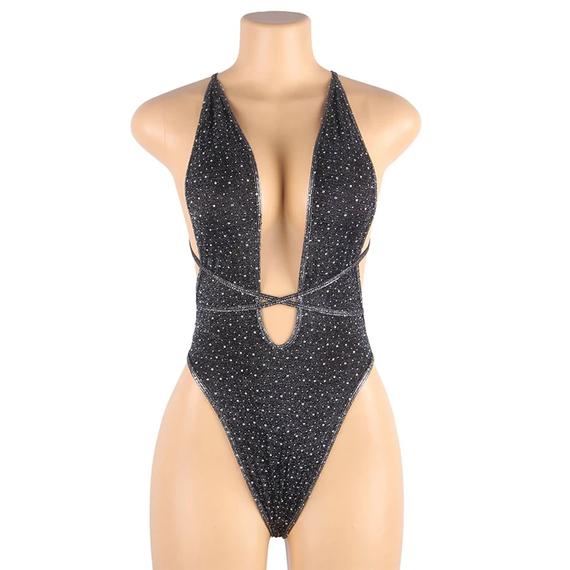 Comeondear Sexy Rhinestone Deep V Neck Fishnet Teddy Bodysuit Women Crystal Diamond See Through Bodycon One Piece Teddy Lingerie