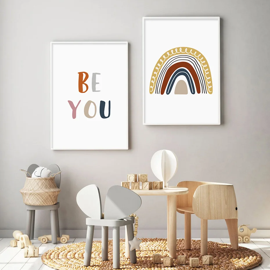 Boho Rainbow Canvas Painting, Neutral Nursery Poster, Motivational Prints, Playroom Wall Art Pictures, Kids' Bedroom, Home Decor