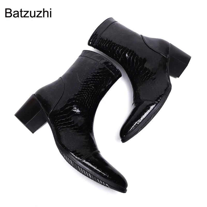 Batzuzhi Handsome Men Boots 7cm High Heels Genuine Boots Men Black