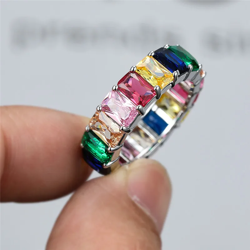 Vintage Silver Multicolor Zircon Ring For Women Colored Rectangle Diamond Zircon Copper Alloy Plating Women's Jewelry Wholesale