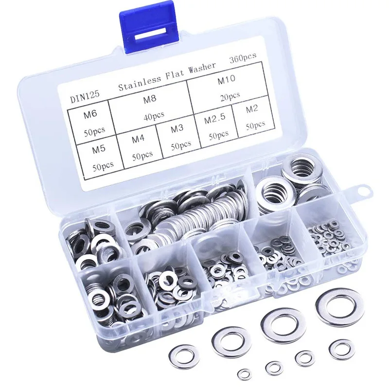 180PCS 304 Stainless steel Flat Washers Assortment Kit for Screws Bolts M2 M2.5 M3 M4 M5 M6 M8 M10 Adjusting Shim Gasket