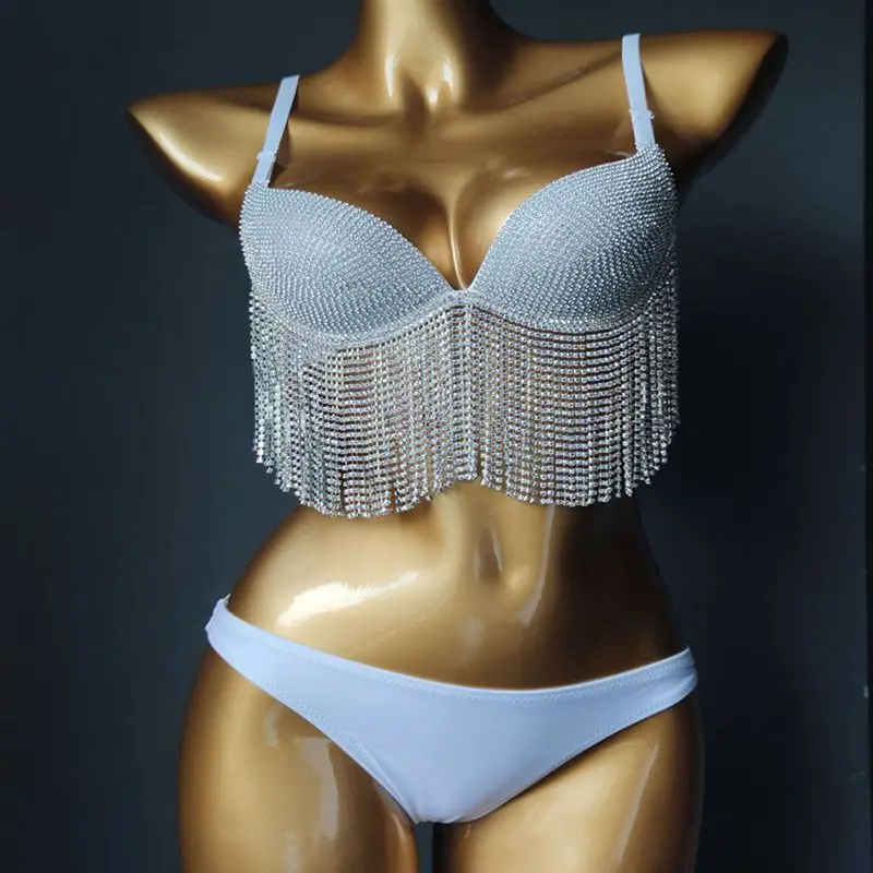 

Black/Pink/White Tassel Bikini DJ Pole Dancing Costume Diamond Fringe Bra Shorts Outfit Nightclub Bar DJ Party Sexy Stage Wear