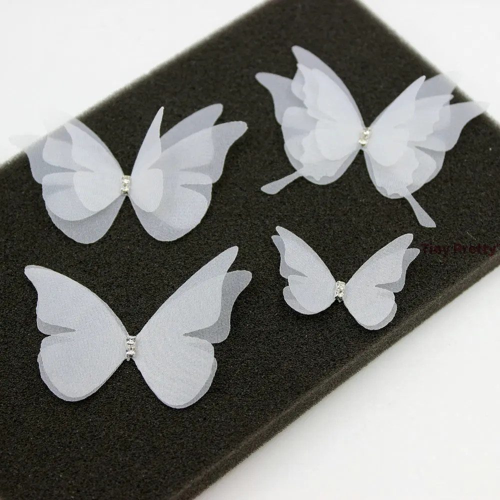 20PCS white Organza Butterflies W/ Rhinestone Swallowtail  Butterflies for DIY Jewelry Making, Hair Clips