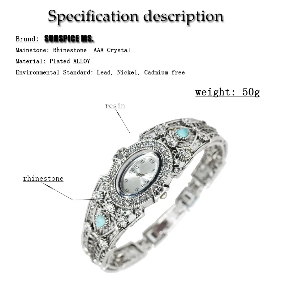 Sunspicems Indian Women Cuff Bracelet Wrist Bangle Watch Oval Watchcase Vintage Silver Color Rhinestone Elegant Festival Gift