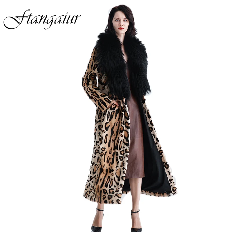 Ftangaiur Winter Import Mink Fur Coat Full Sleeve Leopard With Fox Fur Collar Mink Coat Women X-Long Real Mink Fur Coats