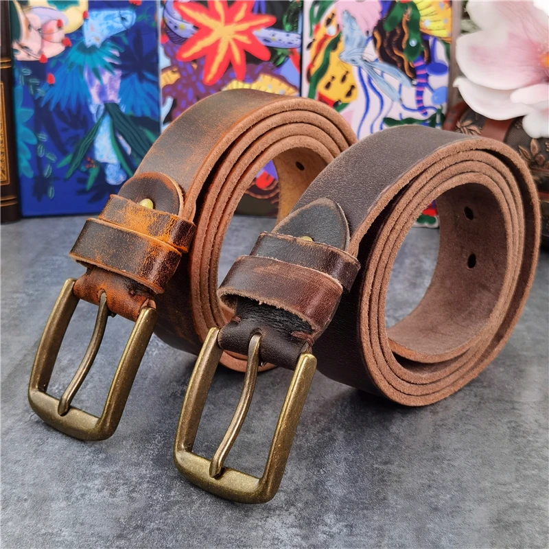 Retro Brass Belt Buckle Leather Belt Cowboy Jeans Men\'s Leather Belt Thick Vintage Luxury Waist Belt For Men Ceinture MBT0531