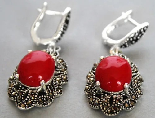 

amazing 11/2" Vintage 925 Silver & Marcasite Red Coral Earrings Silver natural gem/stone/coral/opal Marcasite