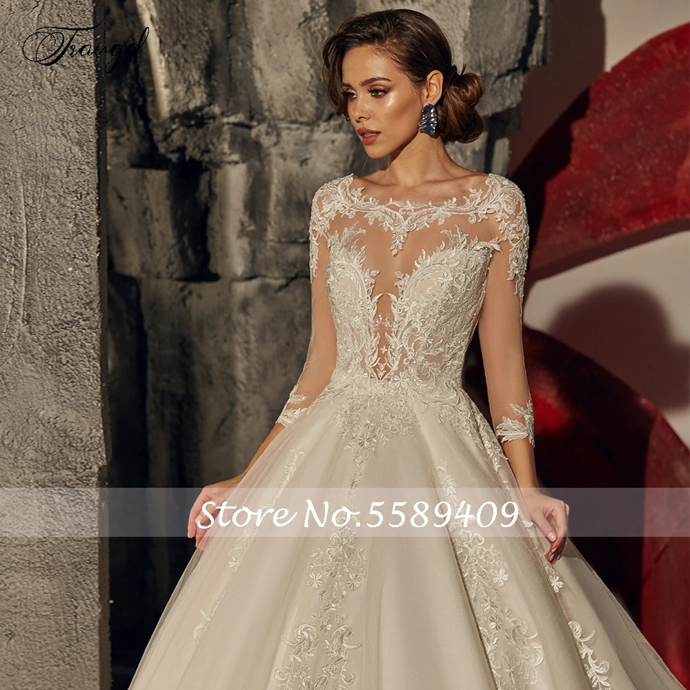 Traugel colher uma linha vestidos de casamento de renda delicado applique 3/4 manga longa botão vestido de noiva trem varredura vestido de noiva