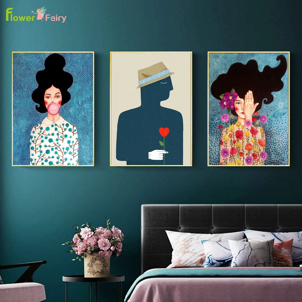 Abstract Flowers Girl Hair Wall Art Canvas Painting Bird Nordic Poster Art Prints Wall Pictures For Living Room Vintage Unframed