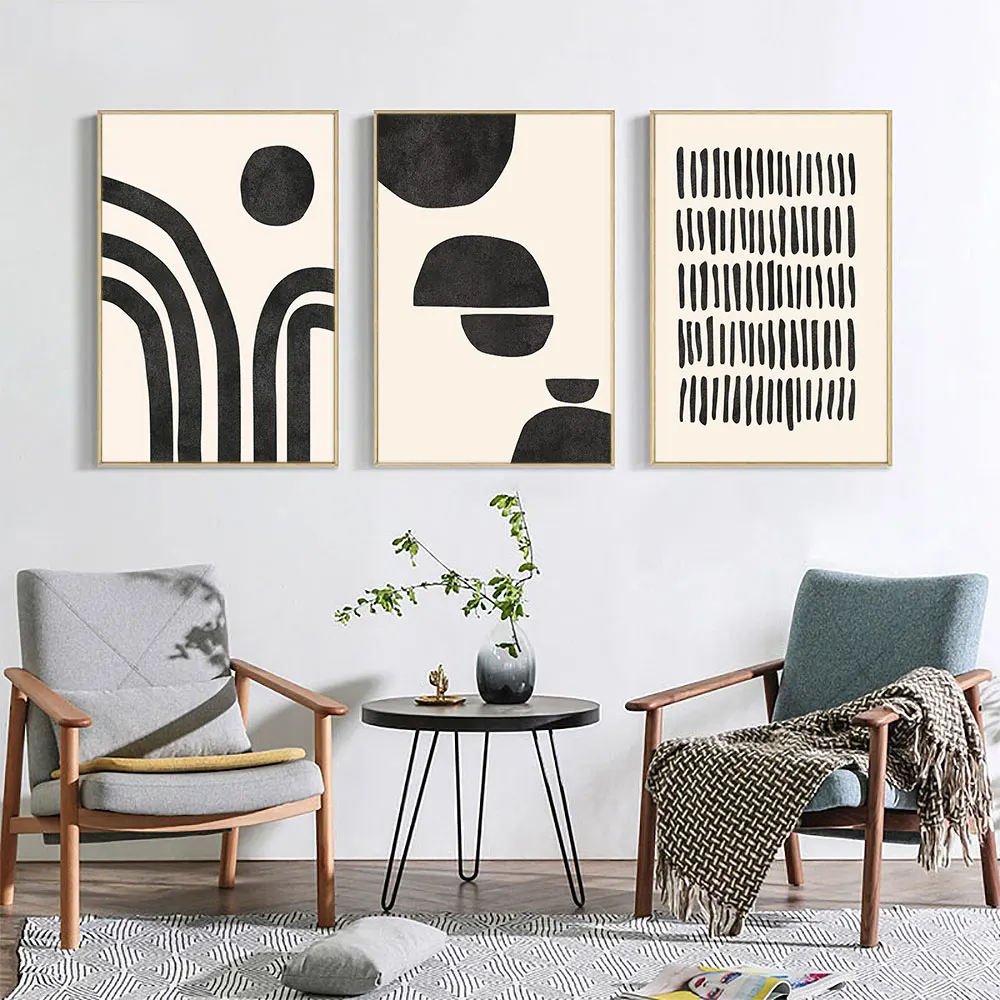 

Abstract Geometric Poster Mid Century Art Print Beige Black Canvas Painting Modern Neutral Wall Picture Living Room Home Decor