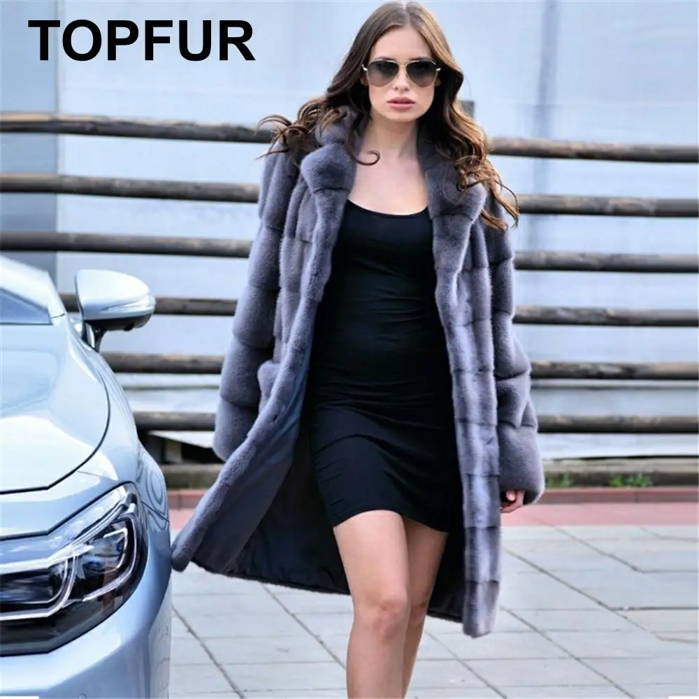 TOPFUR Fashion Dark Gray Coat With Lapel Collar Real Fur Coat Women Natural Mink Fur Coat With Fur Collar Full Sleeves Long