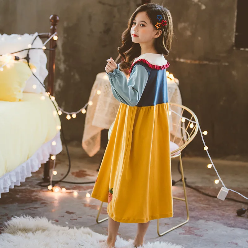 5-15y Kids Nightgowns Spring Autumn Girls Sleepwear Long Sleeve Turn-Down Collar Preppy Patchwork Children Nightdress Clothes