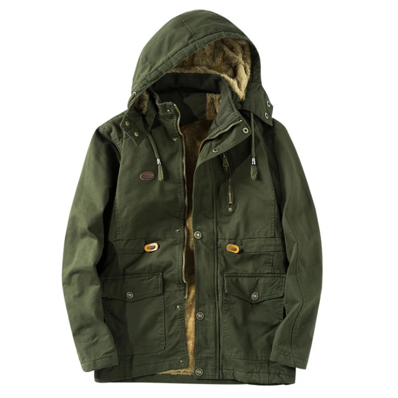 

Winter Long Men's Jacket Casual Fleece Windproof Jacket Newest Hooded Thicken Warm Cotton Jacket Men Army Green Windbreaker Coat