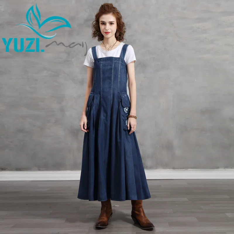 

Summer Dress 2021 Yuzi.may Boho New Denim Women Dresses Big Vintage Embroidery Pockets Suspender Vestidos A82288 Vestido