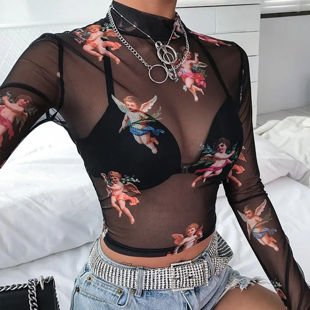 Womens Womens Summer Long Sleeves Mock Neck Crop Top Romantic Colored Angel Cupid Printed T-Shirt See Through Mesh Party Club 4