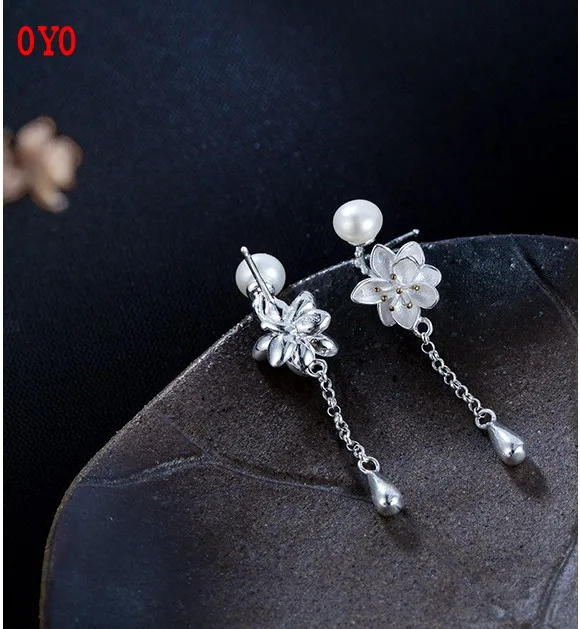 

S925 silver cherry blossom earrings female literary retro artificial freshwater pearl earrings