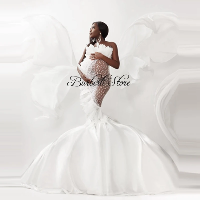 

Sexy See Thru Pearls Mermaid Pregnant Women Dress Sleeveless Luxury Feathers Beading Maternity Gowns To Photography Aso Ebi