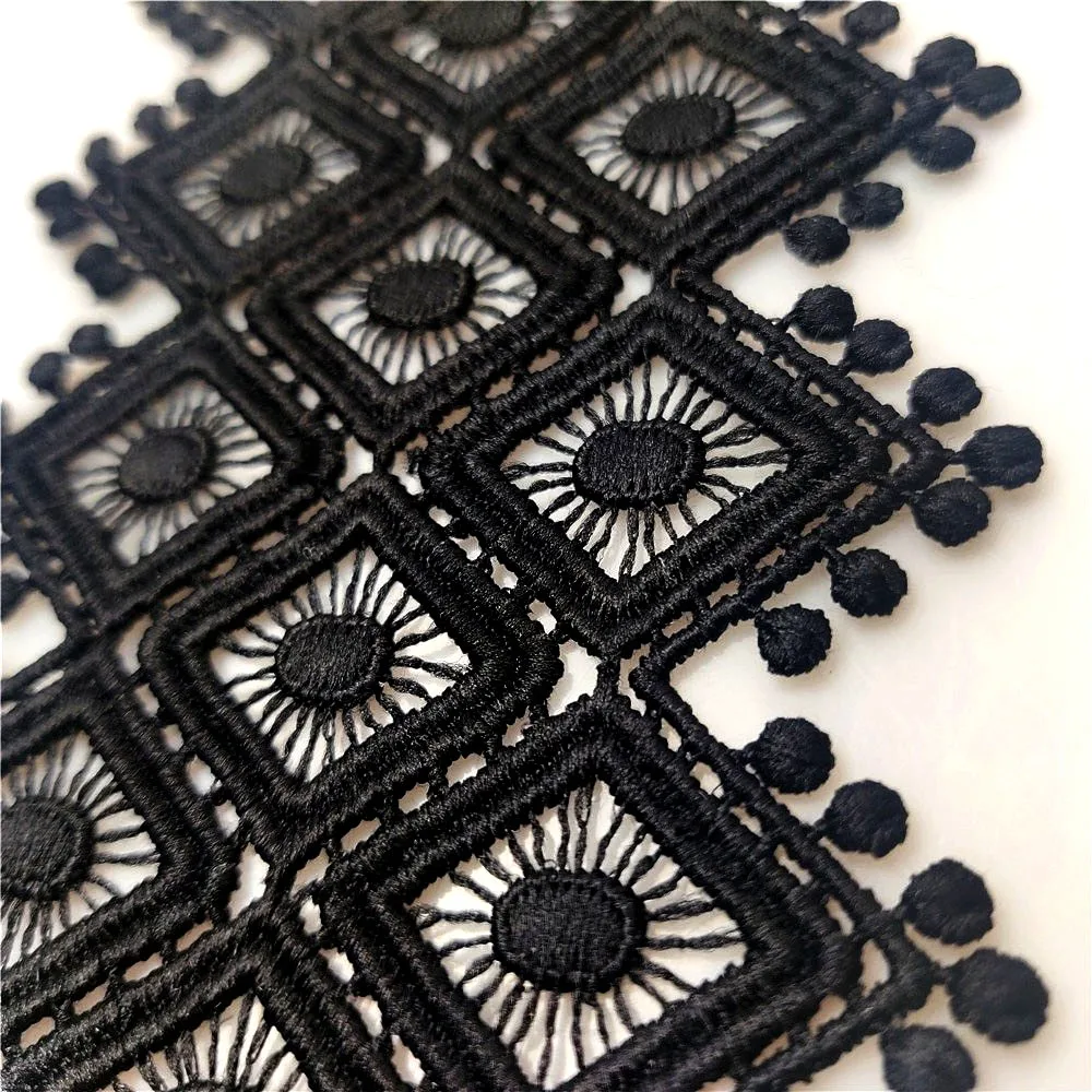 Pom Pom Embroidered Lace Fabric 75 mm Wide Black White Hollow Out Lace DIY Sewing For Dress Clothing Decoration, Sell By Yard