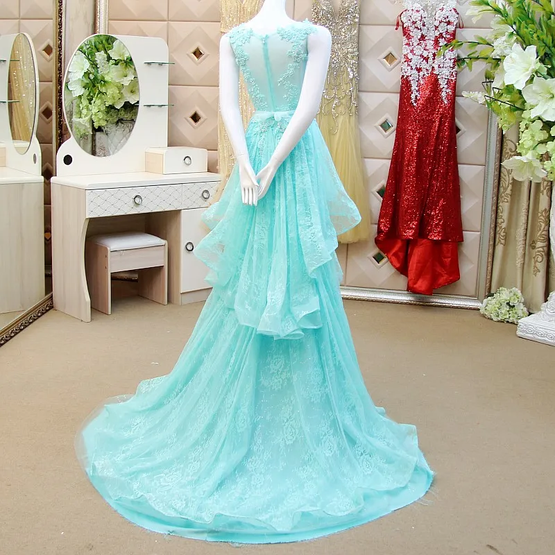 Vestido de festa Perlen himmel blau spitze lange 2018 sexy sehen durch zurück appliques bogen Abendkleid mutter der braut kleider