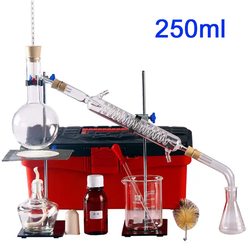 100ml-2000ml New Lab Essential Oil Distillation Apparatus Water Distiller Purifier Glassware Kits W/Condenser Pipe Full Sets