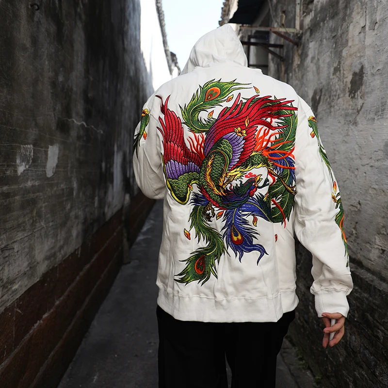 Oversize Men Boys Autumn Modern Loose High Street Hip Hop Phoenix Dragon Feathers Embroidered Tops Streetwear Pullover Hoodies