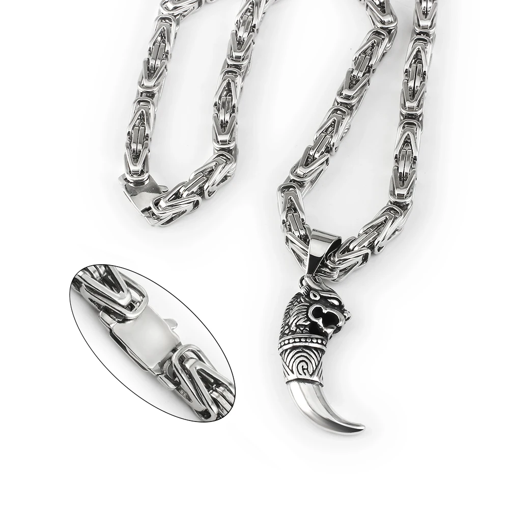 Men Rock Hip Hop Jewelry Stainless Steel 6.5mm Silver Color Wolf Teeth Pendant Emperor Chain Necklaces Gift for Men