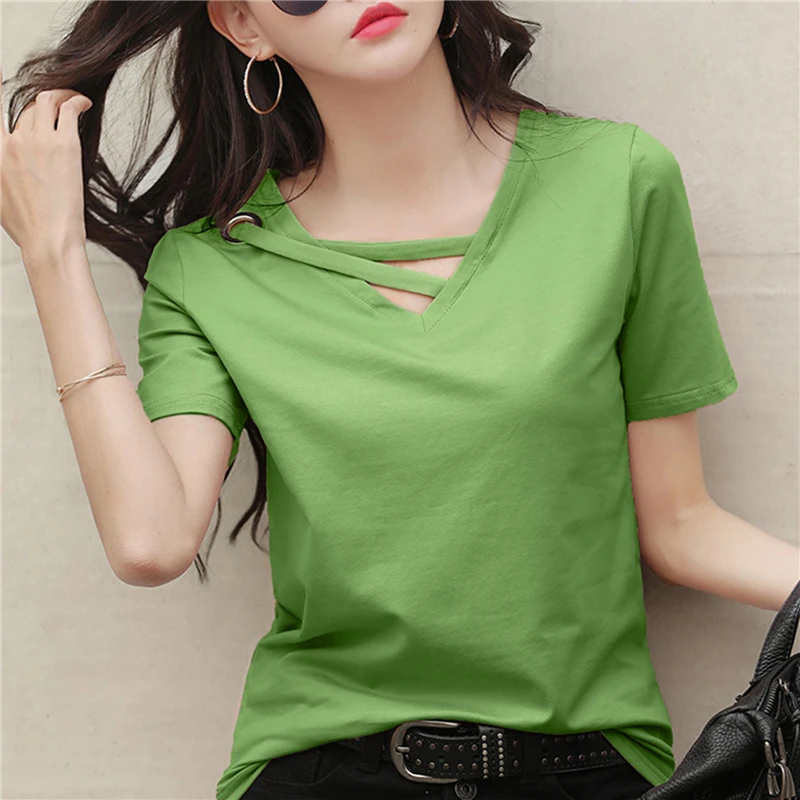 2023 Women Summer V-neck Loose Short Sleeve White T-shirt Women Korean Solid Color Tops Casual Compassionate Trend T Shirt