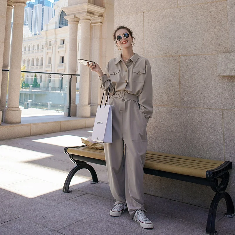 Women Long Sleeve Jumpsuit with Belt Loose Casual One Piece Cargo Pants Overalls Female Korean Wide Leg Trouser Autumn Spring