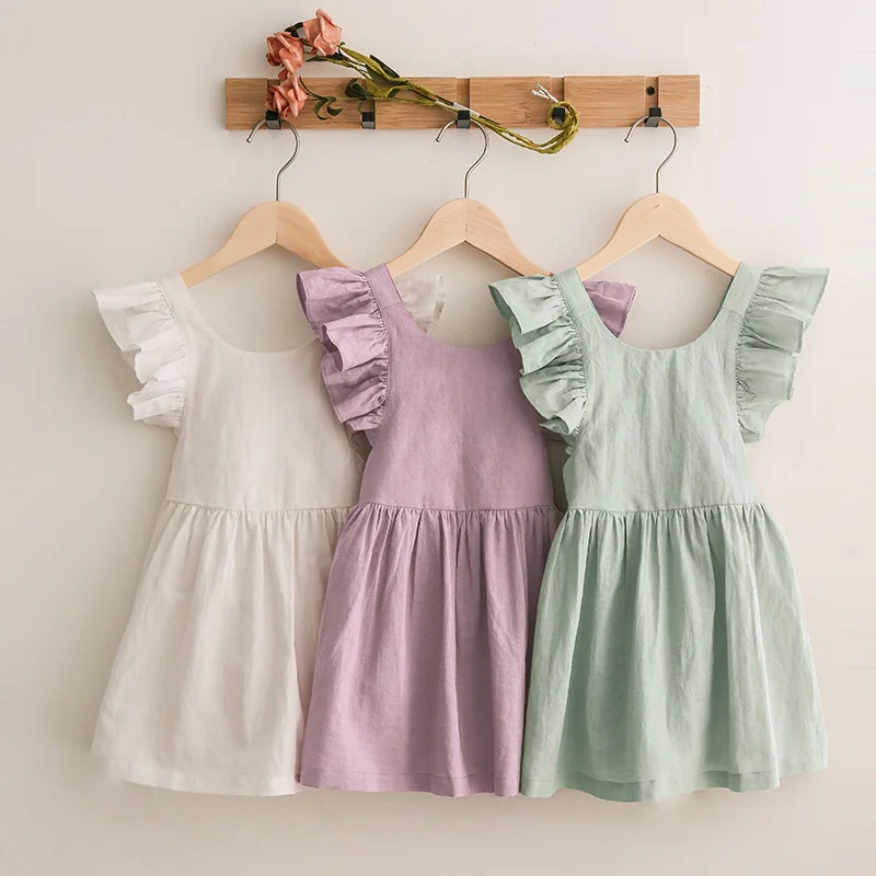 2024 Summer New Fresh And Cute Cotton And Linen Princess Dresses Girl Solid Color Ruffled Sleeveless Dress TZ47