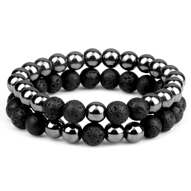 Fashion Couples Beaded Bracelet 8mm Natural Black Lava Stone Hematite Distance Bracelets For Women Men Jewelry Best Friend Gift