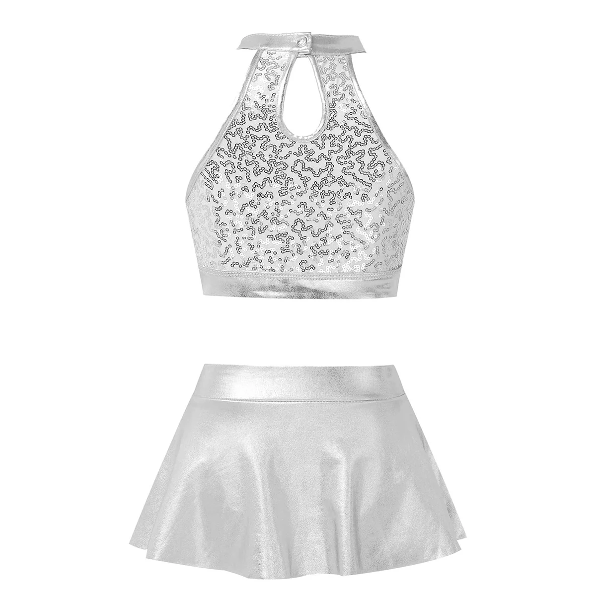 Sequins เด็กหญิงบัลเล่ต์ Dancewear ยิมนาสติกชุดแขนกุด Halter Crop Tops ชุดกระโปรงเวที Lyrical Dance