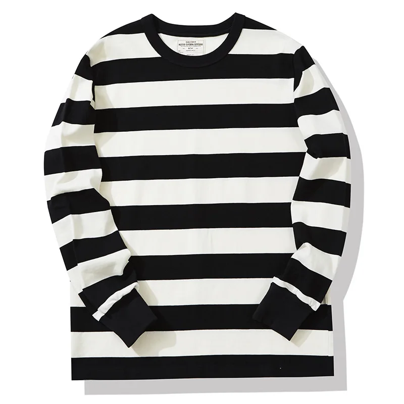 Retro Heavy Long Sleeve T Shirt Men Cotton Thick Striped Round Neck Black White Base Shirt Autumn Casual Tops Pullover Oversize