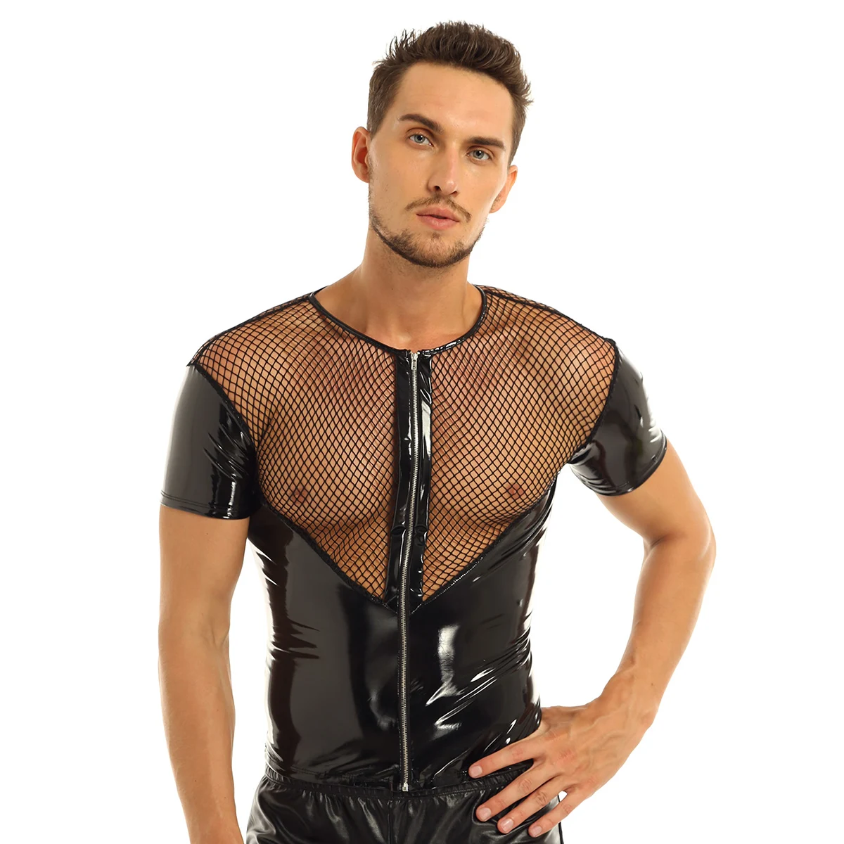 Mens Steampunk Zipper Jacket Faux Leather Splice Fishnet Muscle T-Shirts Shirt Short Sleeve Undershirts Tops Party Clubwear